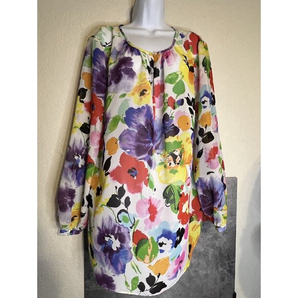 Lauren Ralph Lauren Tops - Ralph Lauren Women's Multicolored Sheer Floral Overlay Long Sleeve tunic Size L